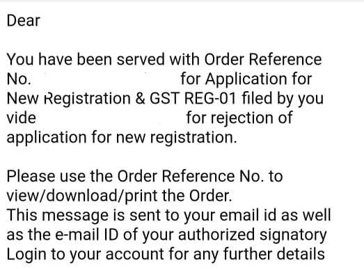 Order of rejection of gst registration