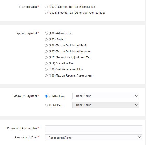 Tax payment page in TIN NSDL