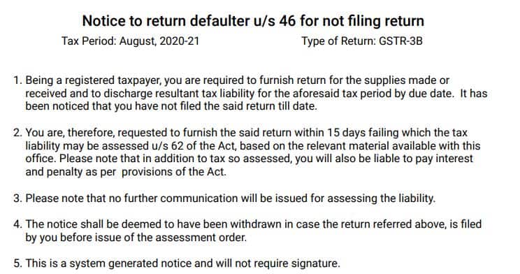 Notice for non filling of gst returns