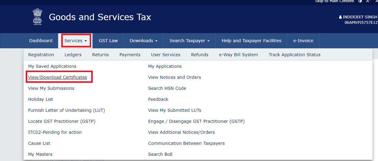 Services tab in gst registration certificate