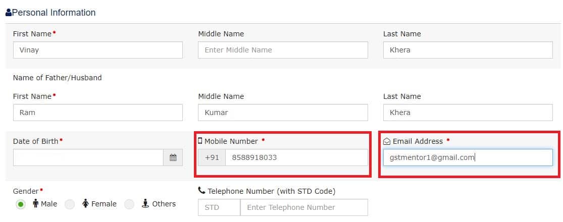 changing mobile number and phone in gst