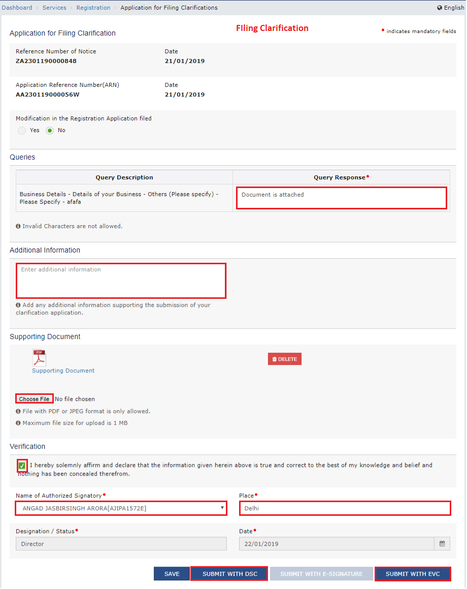 Modification not in GSt Registration application